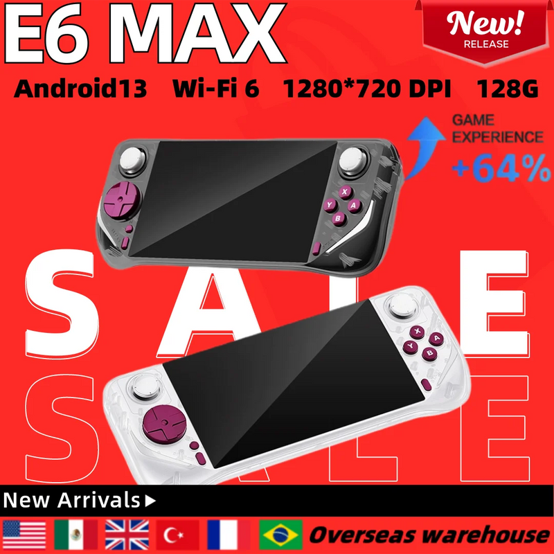 Console de videogame portátil E6 MAX com tela IPS sensível ao toque de 5 polegadas, 4+32 GB, 5000 mAh, sistema Android 13 com suporte para Wi-Fi 5G, novo console de videogame para TV