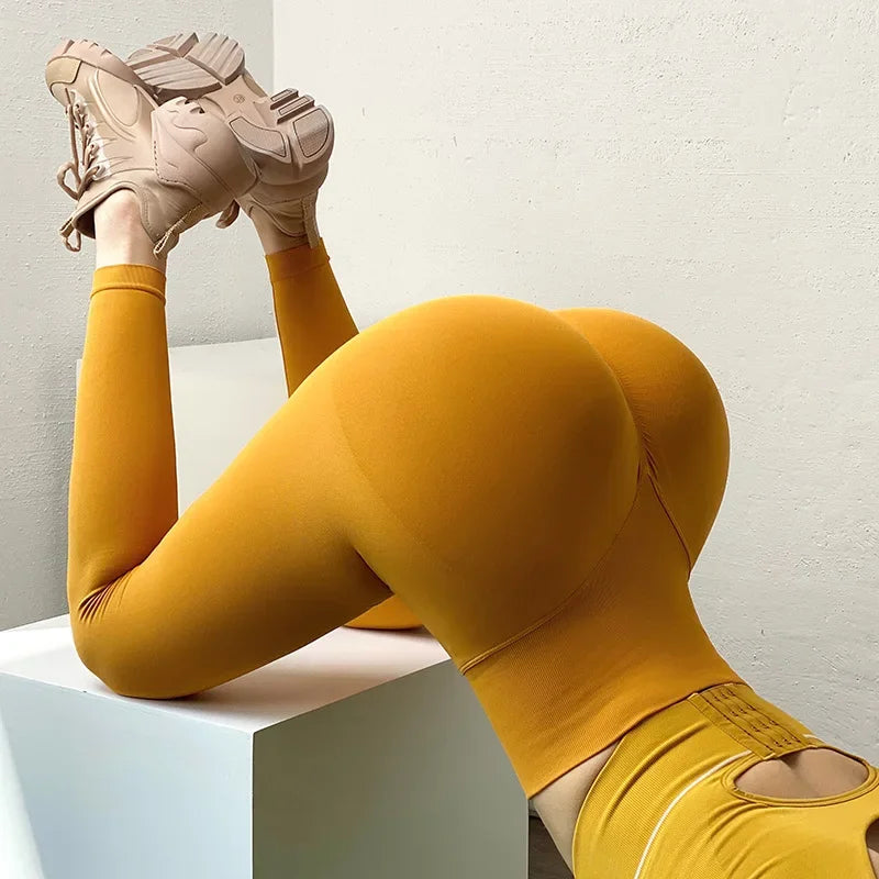 Leggings femininas de cintura alta sólidas, sem costura, justas, fitness, ioga, elásticas, push up, malha, moda, academia, treino