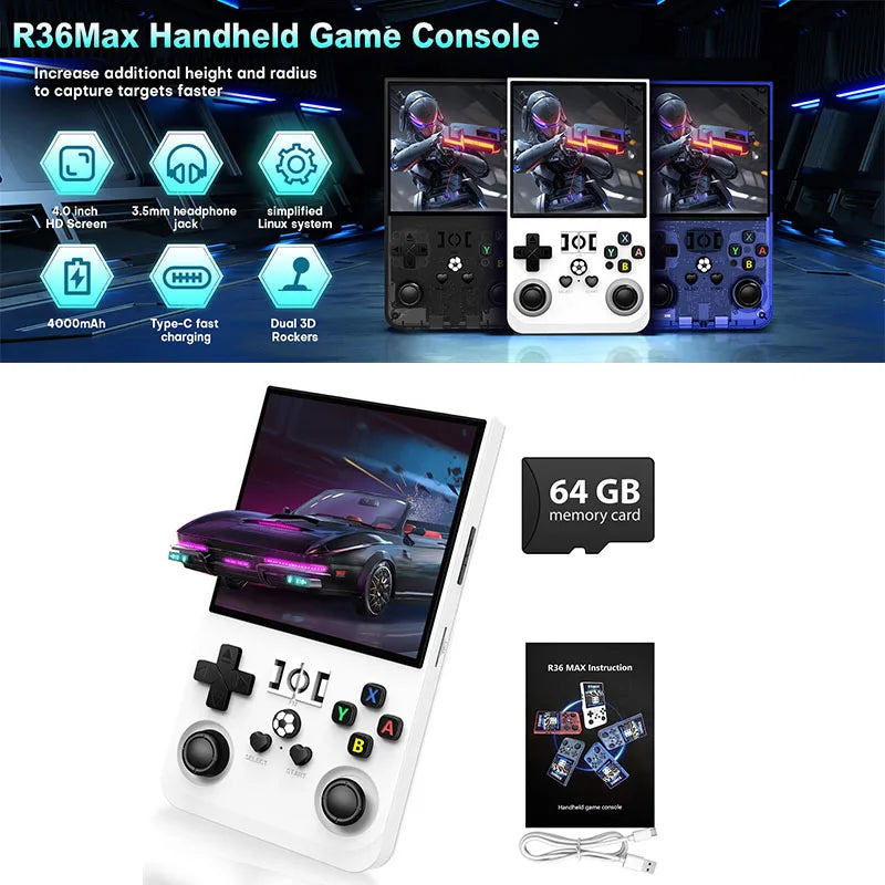 Console de jogos portátil retrô com sistema Linux, tela IPS de 4,0 polegadas, código aberto, R36MAX, reprodutor de vídeo portátil