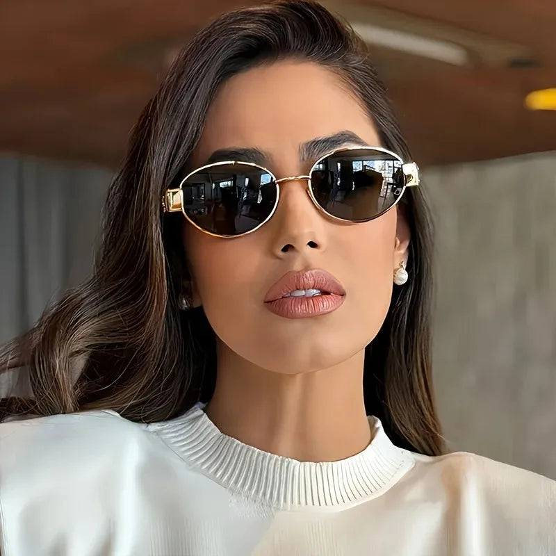 Novos óculos de sol ovais para mulheres, óculos de sol com armação de metal da moda, óculos de sol clássicos