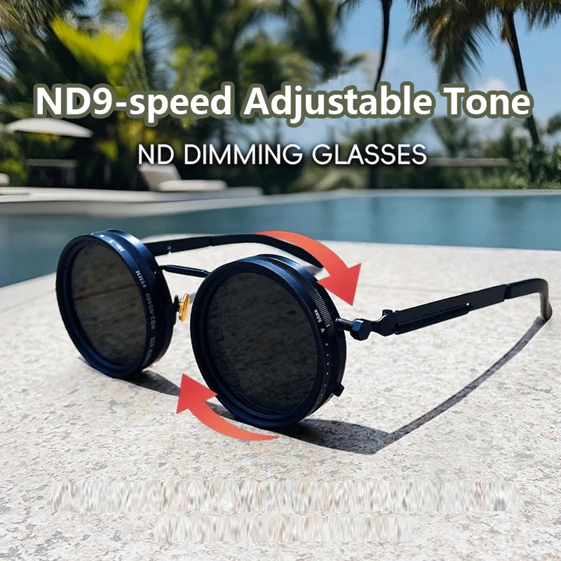 Óculos de sol redondos polarizados ND9 ajustáveis com escurecimento, óculos de sol masculinos e femininos, estilo retrô punk, óculos de pesca masculinos, proteção UV400