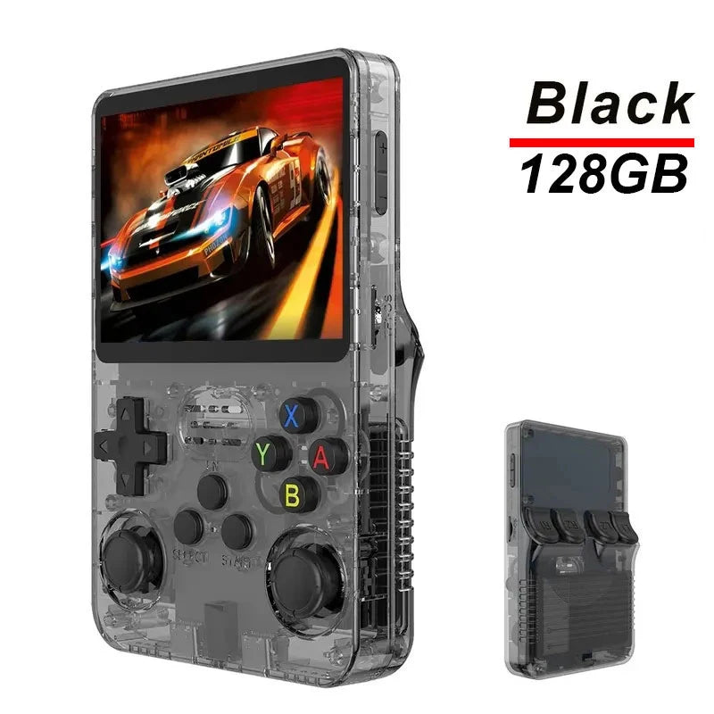 Console de jogos portátil R36S com tela IPS de 3,5 polegadas e 128 GB, console de jogos retrô clássico, sistema Arkos, player de vídeo portátil de bolso