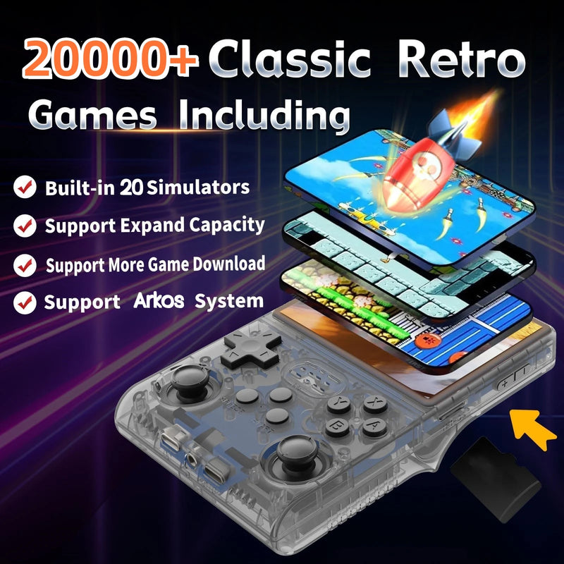 Console de videogame retrô R36S, sistema portátil Arkos 2.0, 3,5 polegadas, cartão único, reprodutor de vídeo de bolso portátil, 64 GB, 128 GB, 20.000 jogos