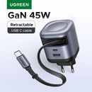 Carregador de cabo retrátil Super Rápido UGREEN 45W GaN UFCS PPS QC PD 3.0 para iPhone 16 15Pro Samsung S25 iPad Macbook Air Tablet Carregador rápido