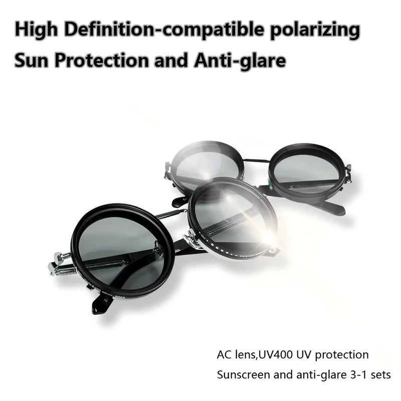 Óculos de sol redondos polarizados ND9 ajustáveis com escurecimento, óculos de sol masculinos e femininos, estilo retrô punk, óculos de pesca masculinos, proteção UV400